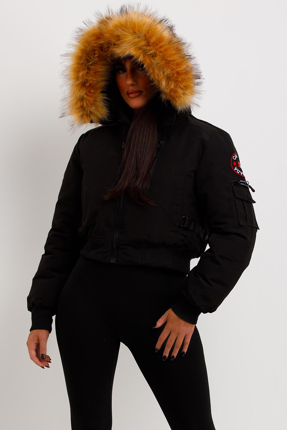 Canada Crop Bomber Jacket with Fur Hood Black | Xtralitty
