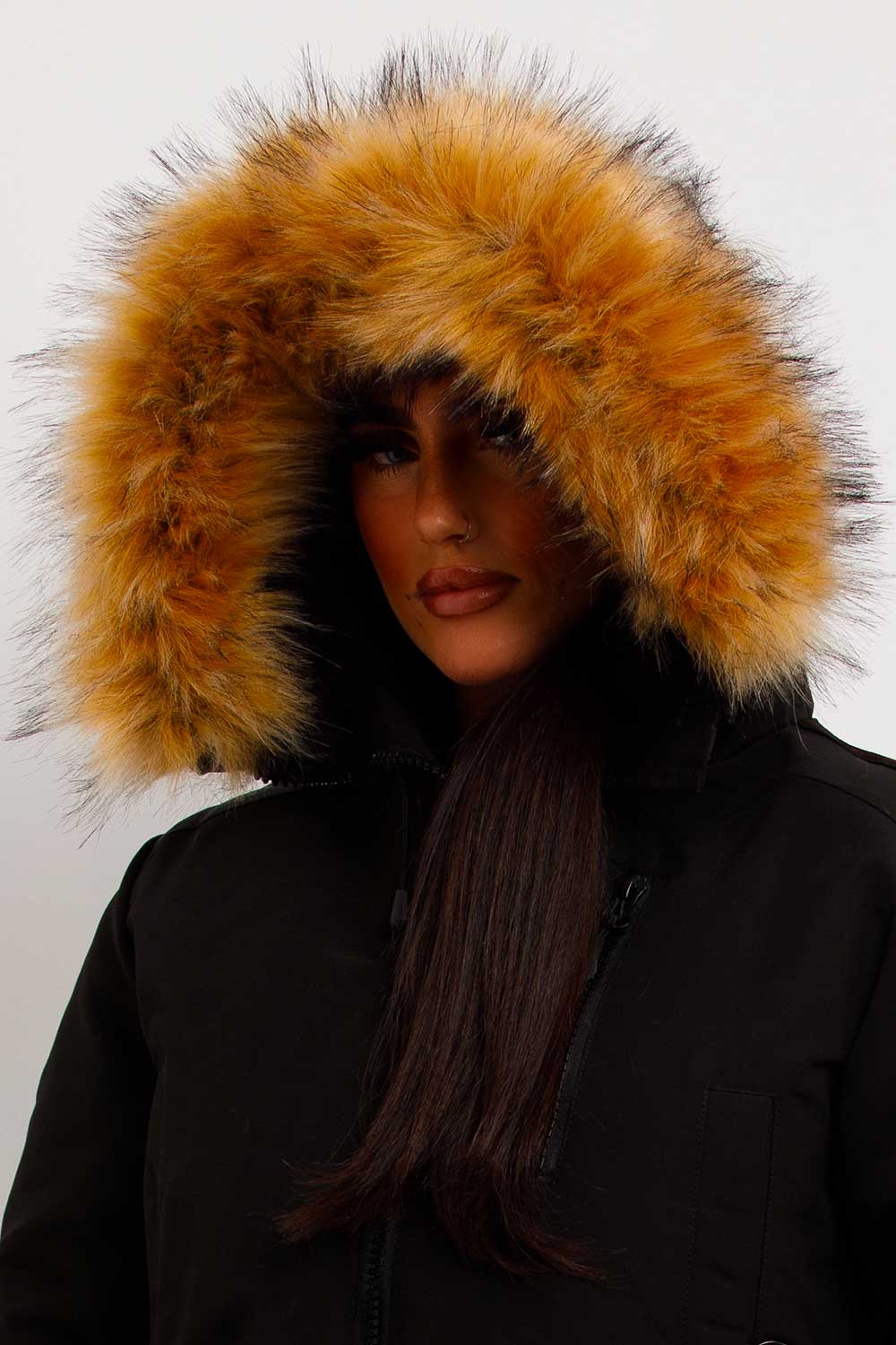 Canada Crop Bomber Jacket with Fur Hood Black | Xtralitty