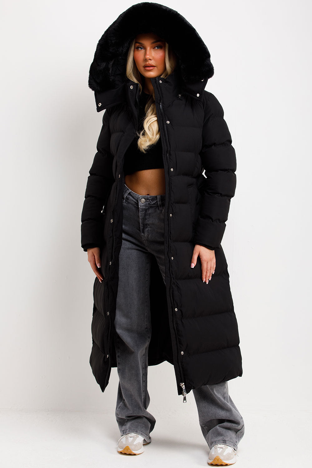 Long Puffer Coat with Faux Fur Hood and Belt Bla | Xtralitty