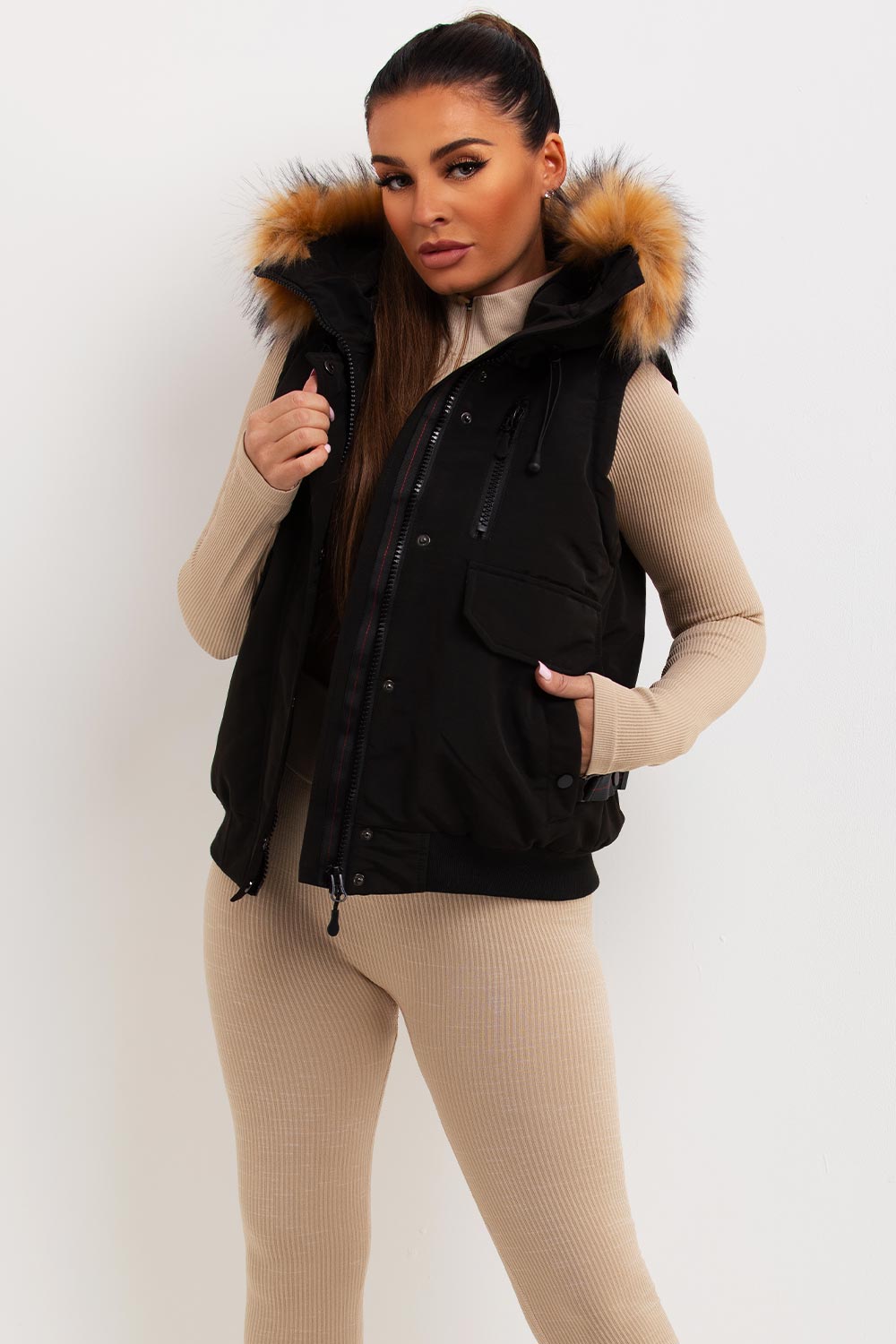 Black Gilet with Fur Hood | Xtralitty
