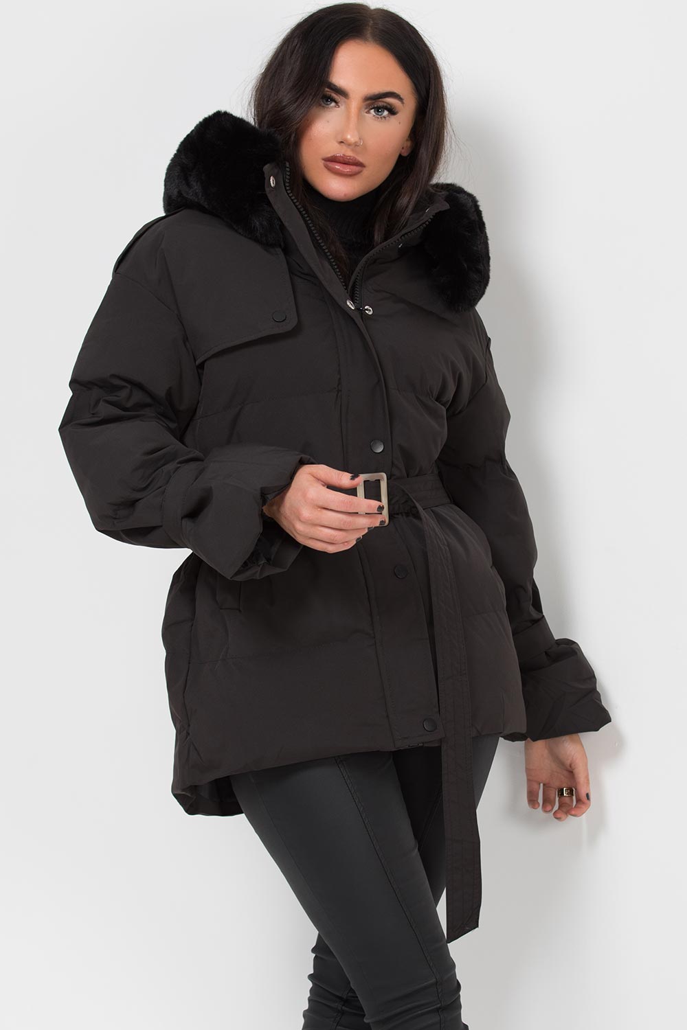 Black Puffer Padded Coat with Faux Fur Hood | Xtralitty