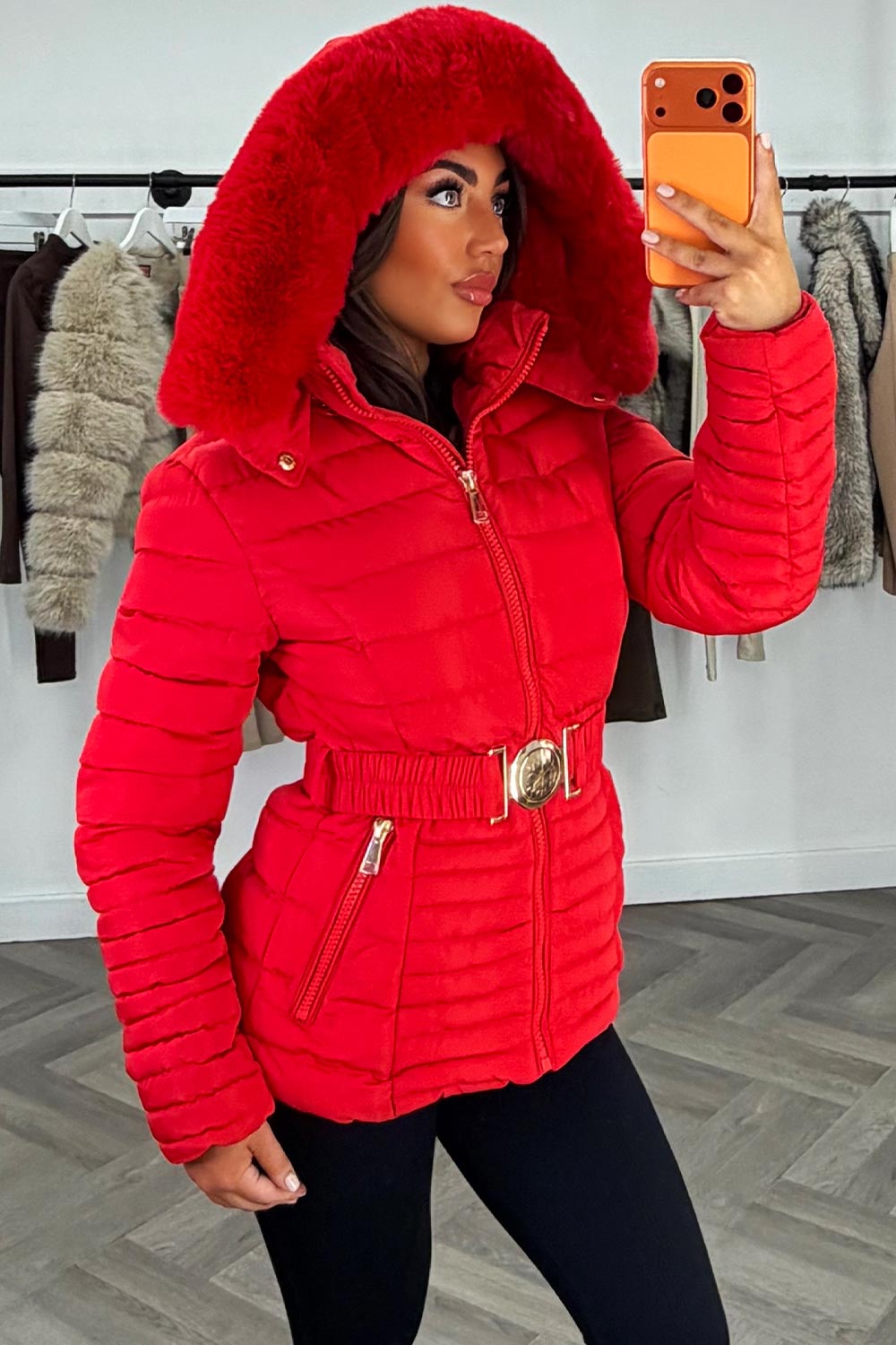 Red Puffer Jacket with Faux Fur Hood and Gold Be | Xtralitty