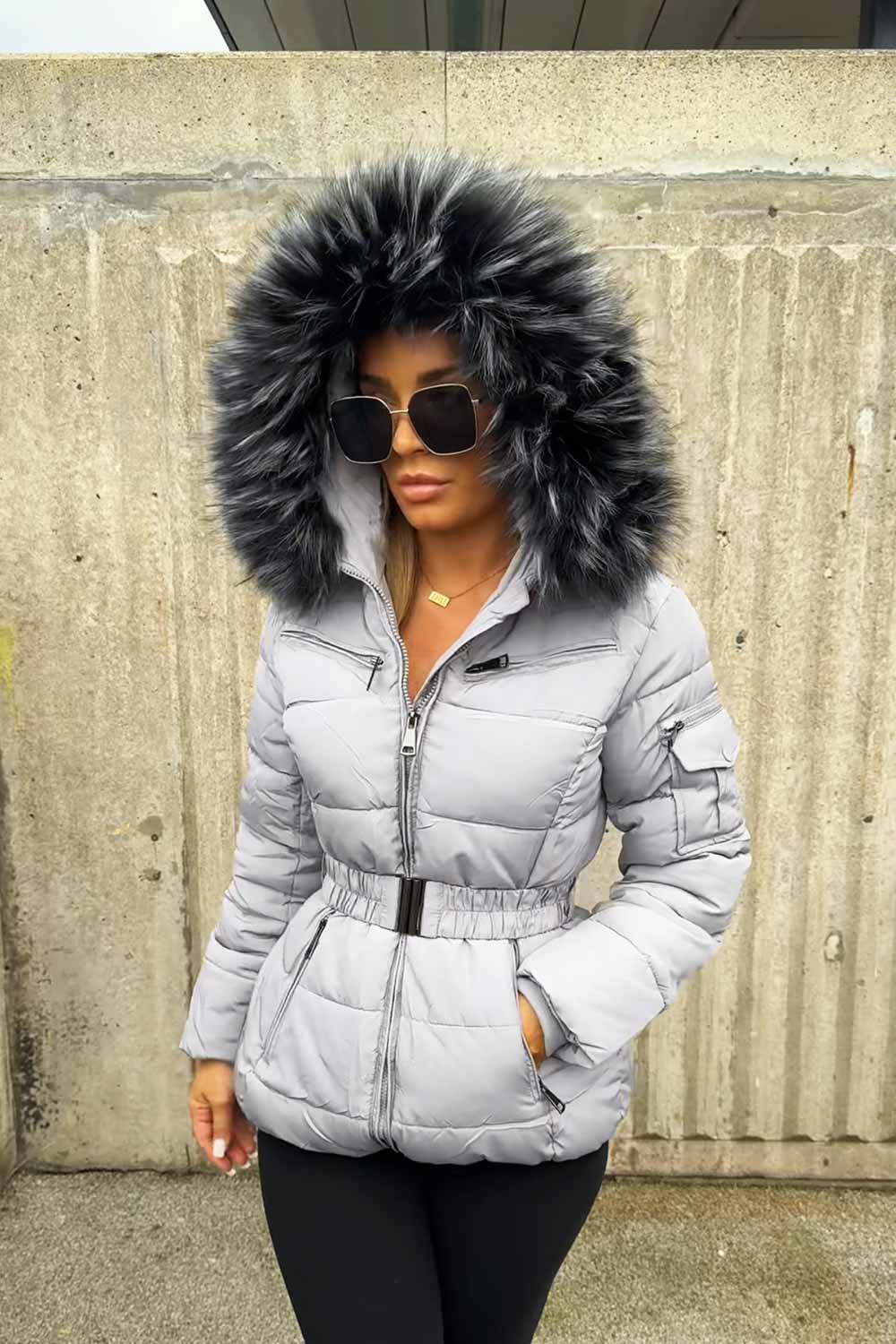 Grey Faux Fur Hooded Jacket with Belt | Xtralitty