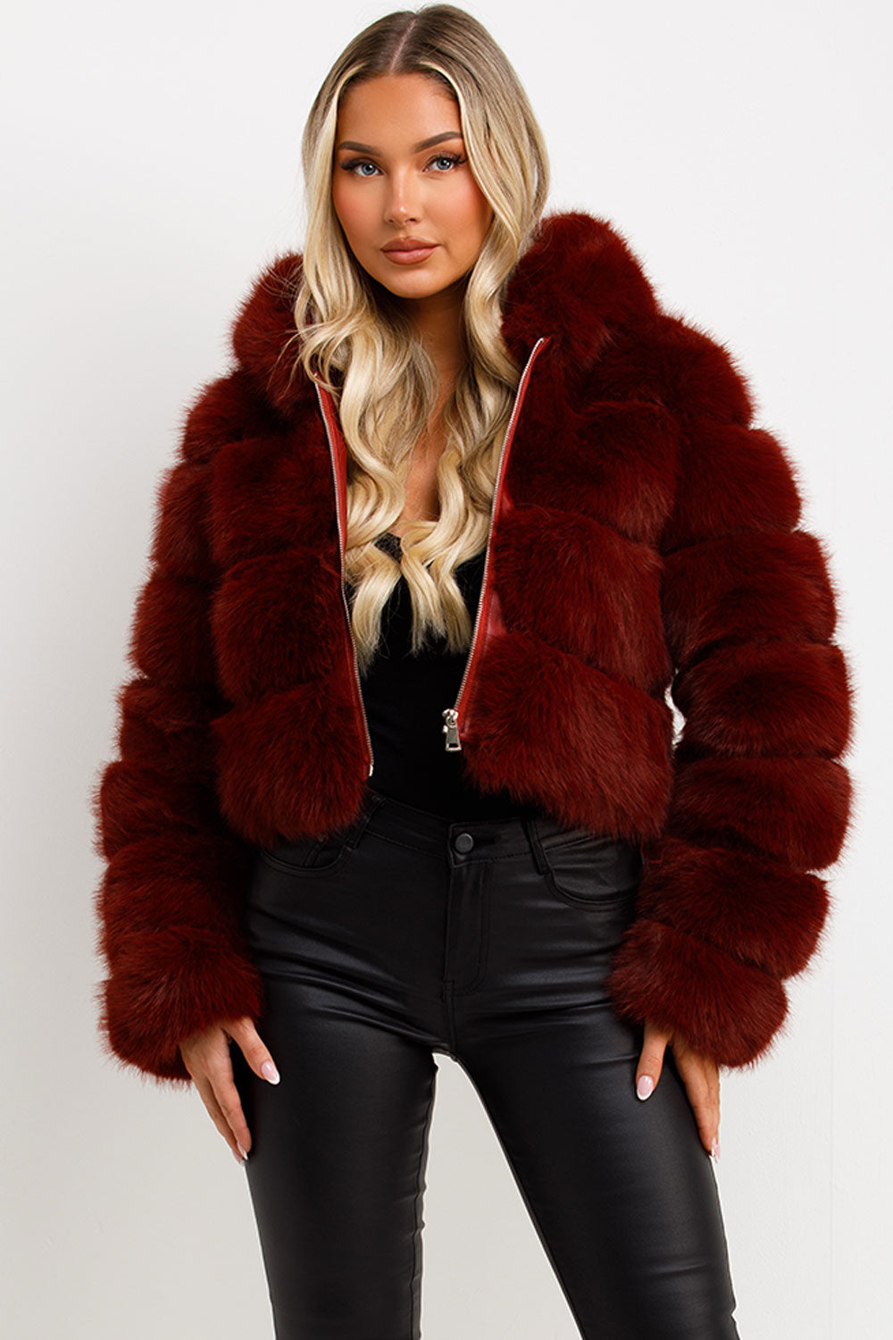 Faux Fur Coat with Hood Burgundy | Xtralitty