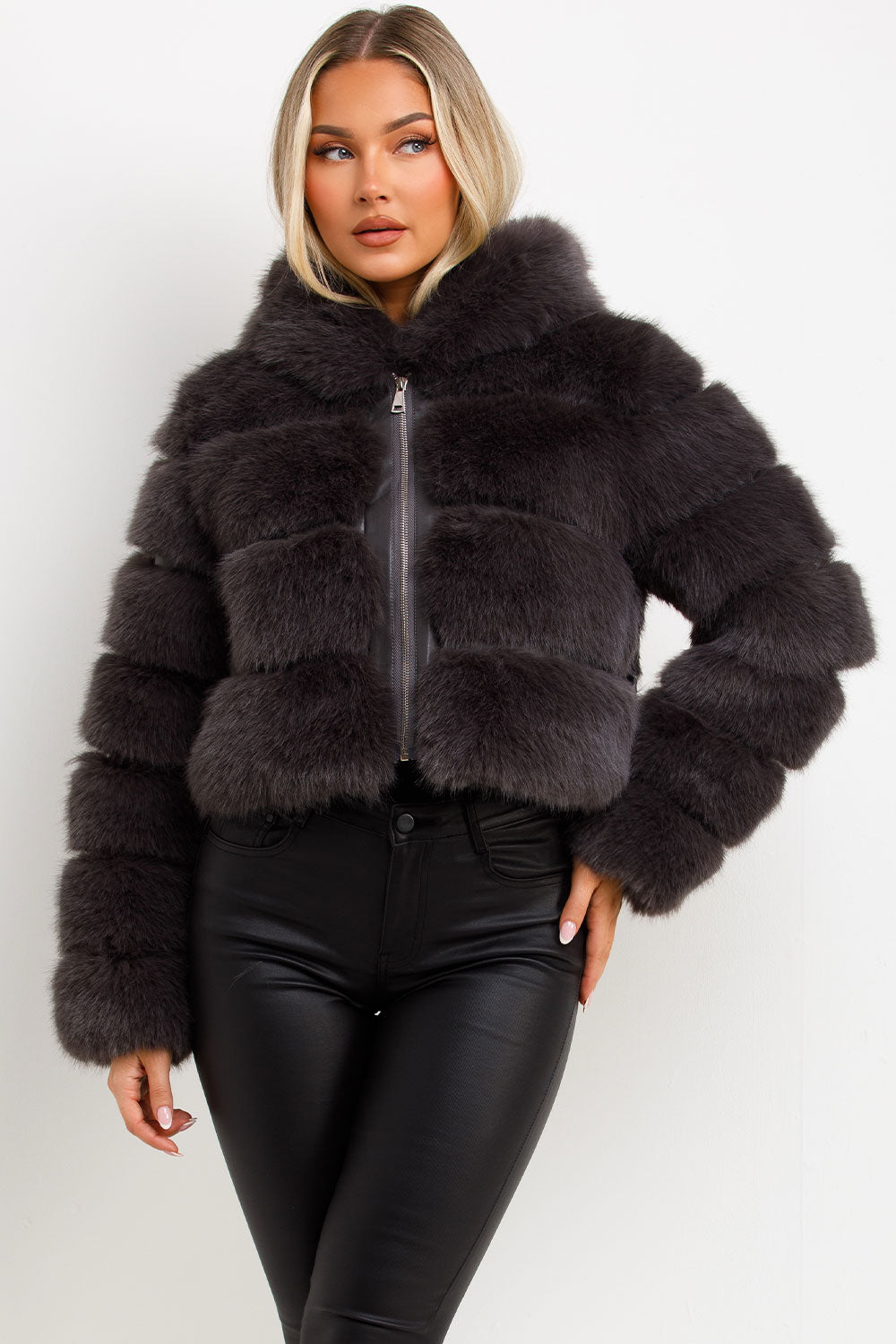 Faux Fur Coat with Hood Charcoal | Xtralitty