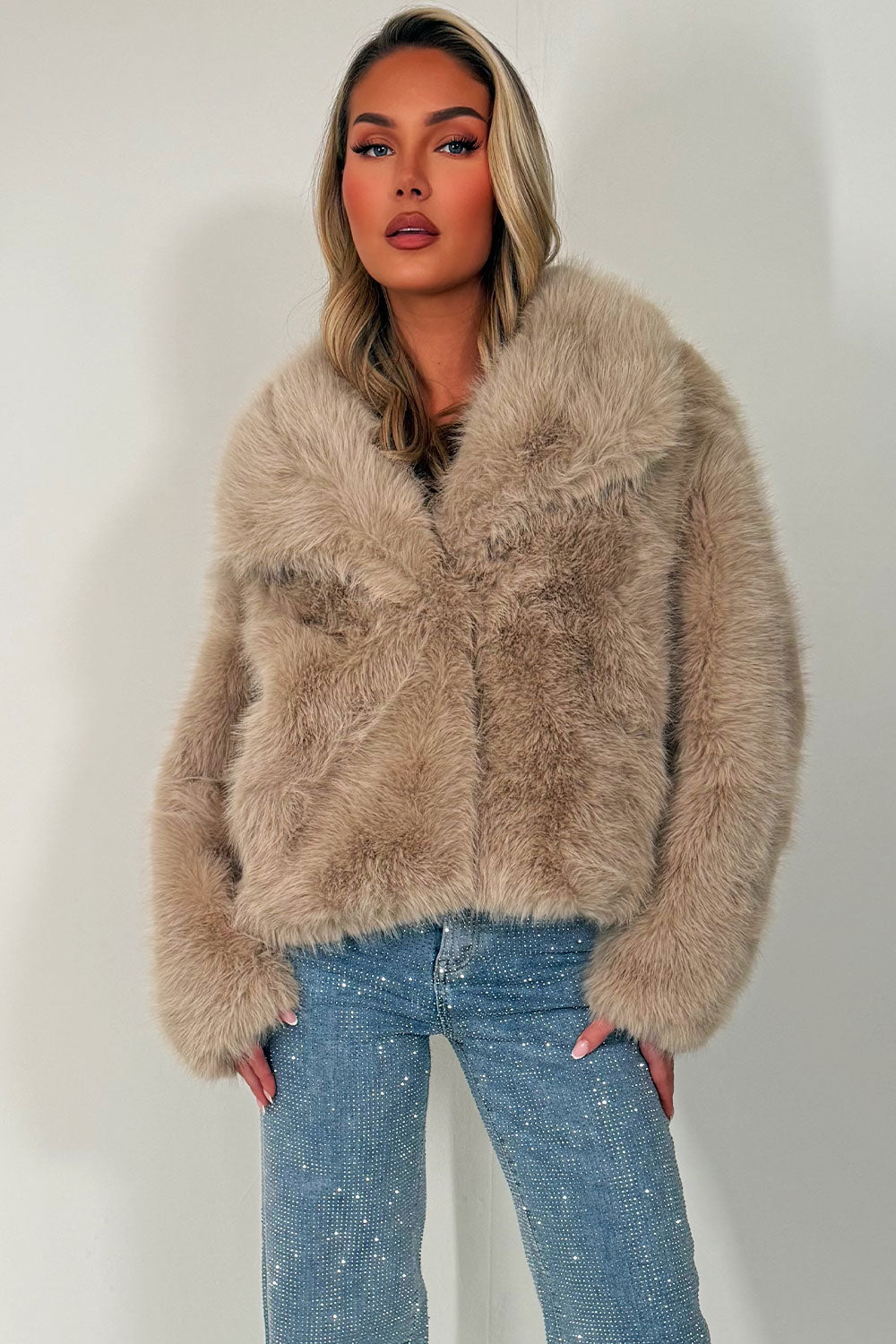 Faux Fur Jacket Collared Beige | Xtralitty