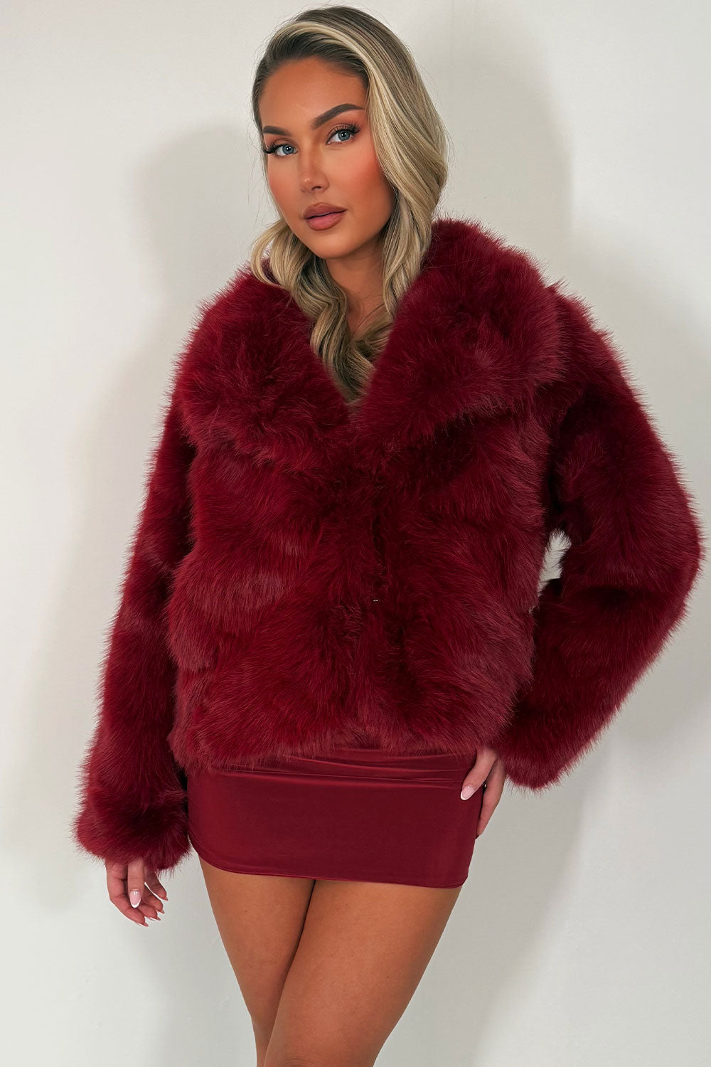 Faux Fur Jacket Collared Burgundy | Xtralitty