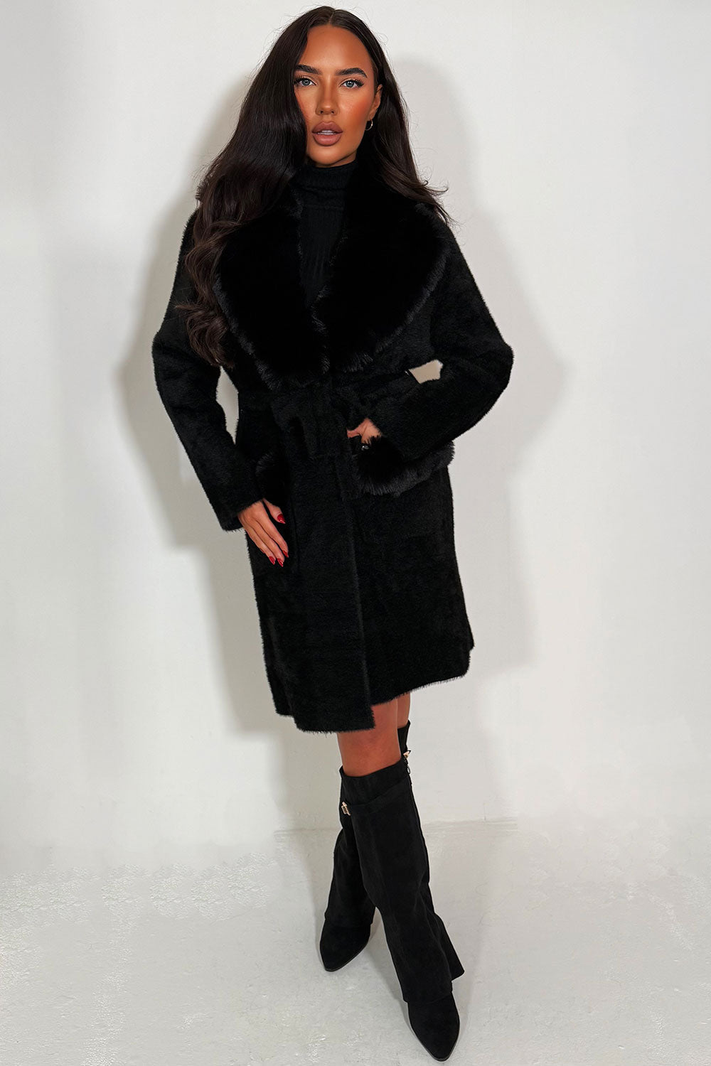 Faux Fur Collar Belted Coat with Faux Fur Cuff B | Xtralitty