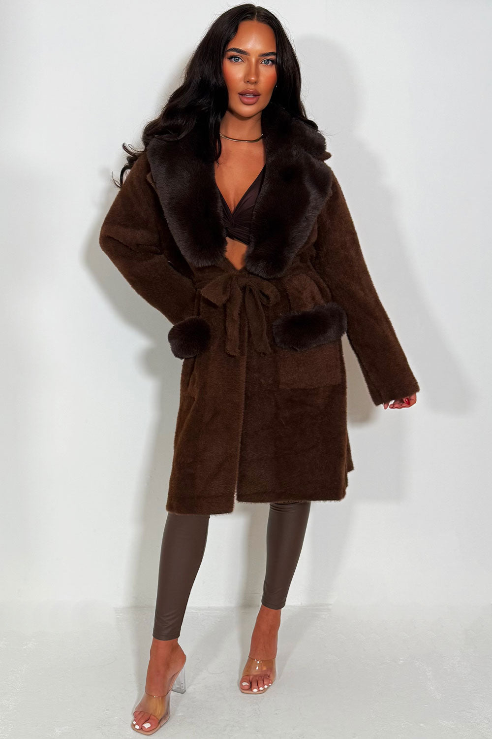 Faux Fur Collar Belted Coat with Faux Fur Cuff B | Xtralitty