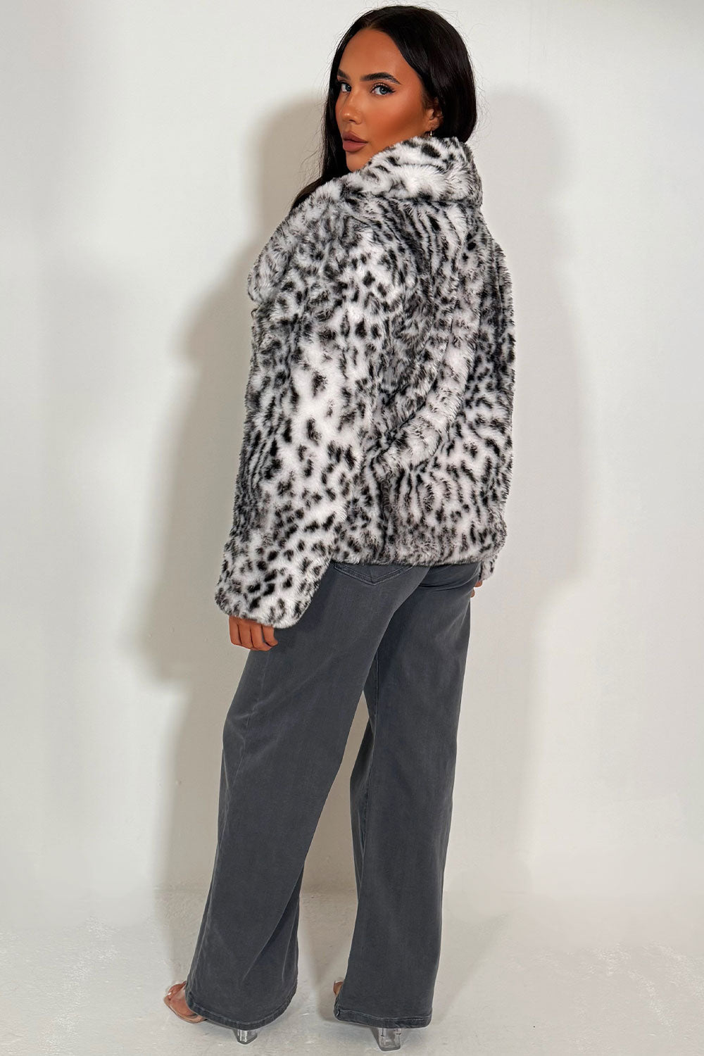 Faux Fur Jacket in White Leopard Print | Xtralitty