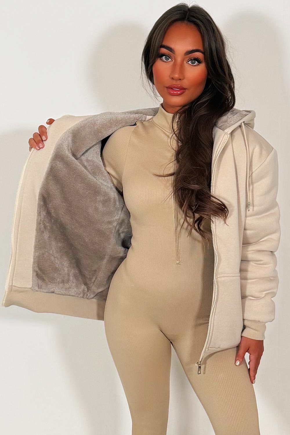 Faux Fur Lined Zip Up Hoodie Beige | Xtralitty