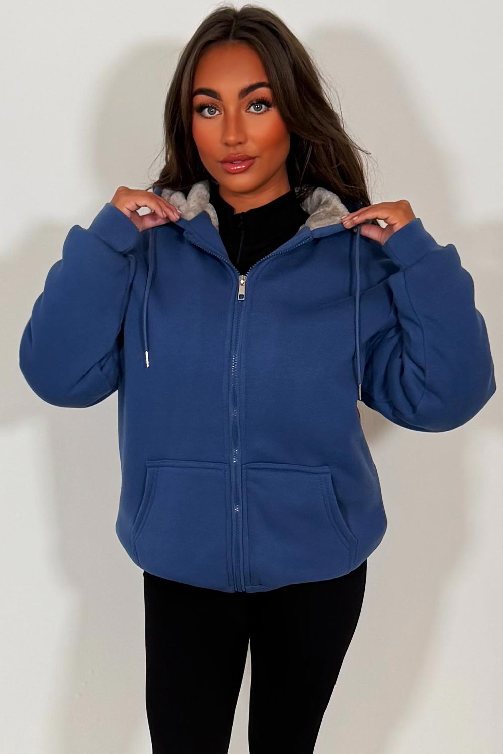 Faux Fur Lined Zip Up Hoodie Navy Blue | Xtralitty