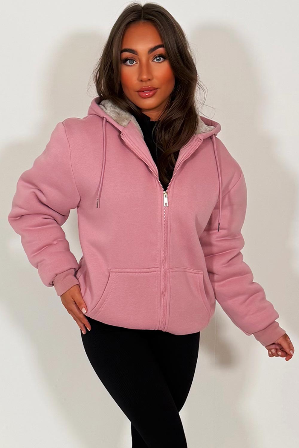 Faux Fur Lined Zip Up Hoodie Pink | Xtralitty