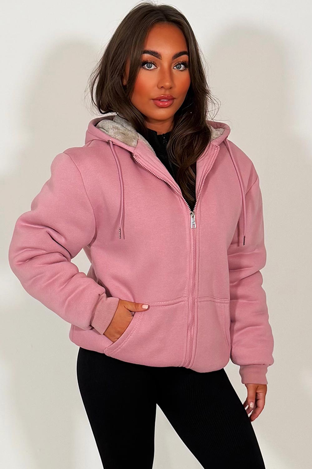 Faux Fur Lined Zip Up Hoodie Pink | Xtralitty