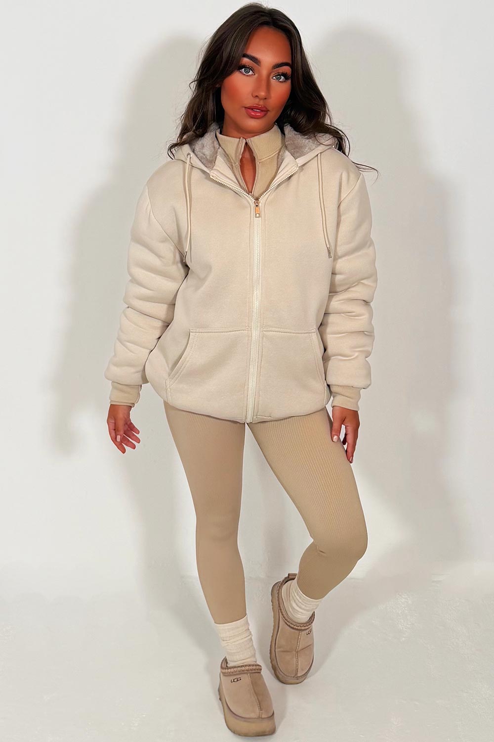 Faux Fur Lined Zip Up Hoodie Beige | Xtralitty