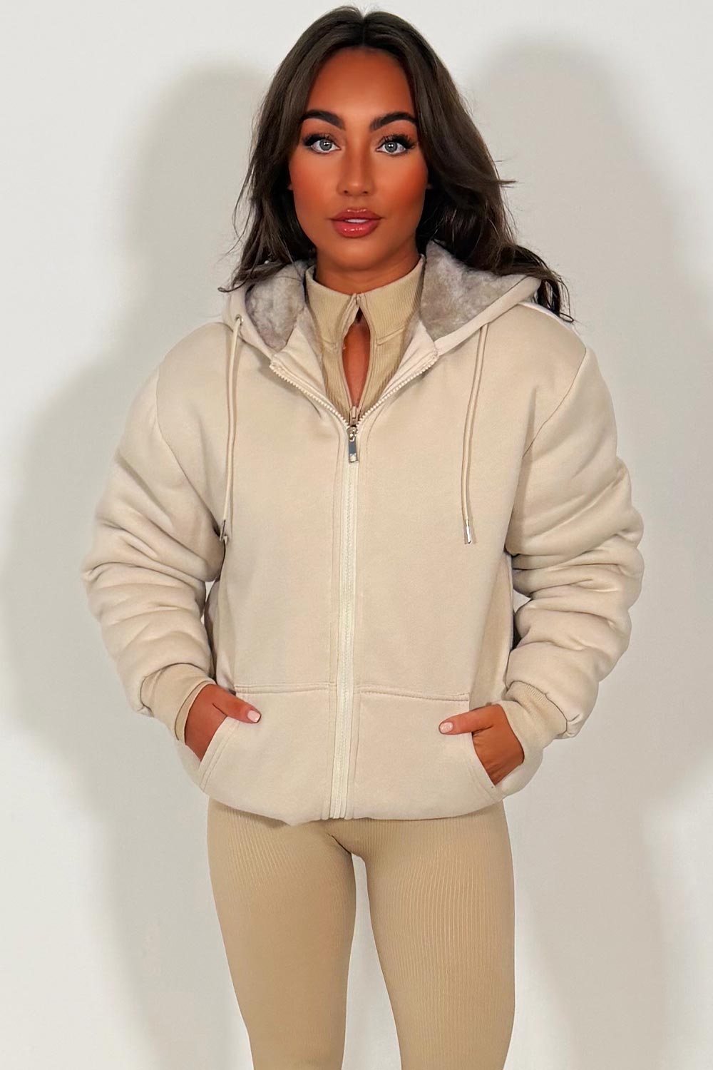 Faux Fur Lined Zip Up Hoodie Beige | Xtralitty
