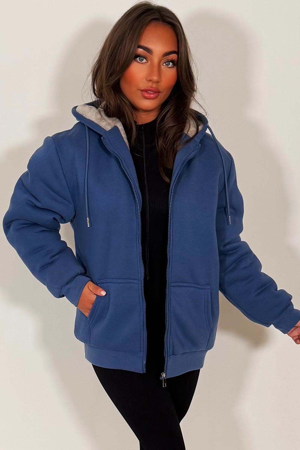 Faux Fur Lined Zip Up Hoodie Navy Blue | Xtralitty