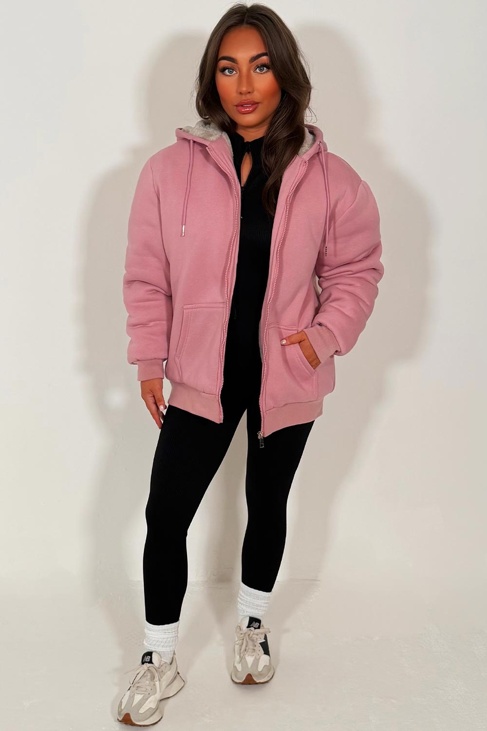 Faux Fur Lined Zip Up Hoodie Pink | Xtralitty