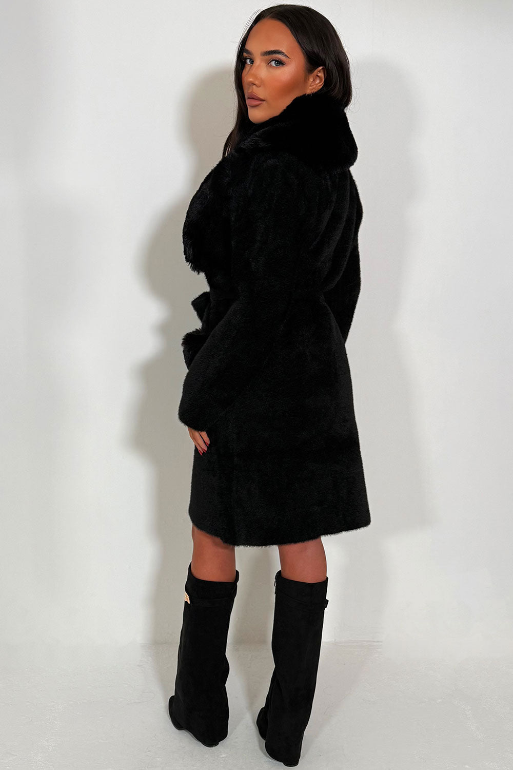 Faux Fur Collar Belted Coat with Faux Fur Cuff B | Xtralitty
