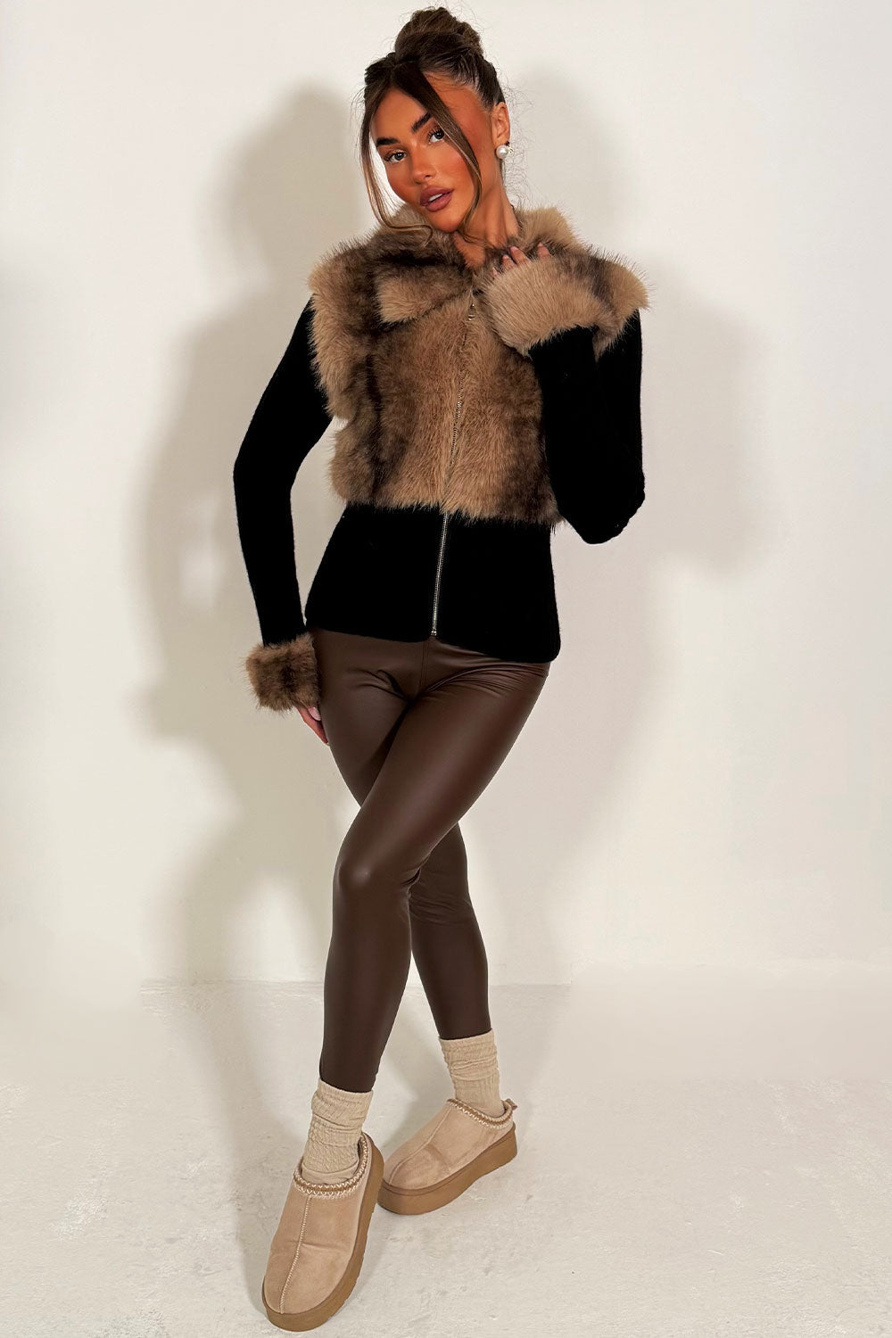Faux Fur Cardigan Jumper Brown | Xtralitty