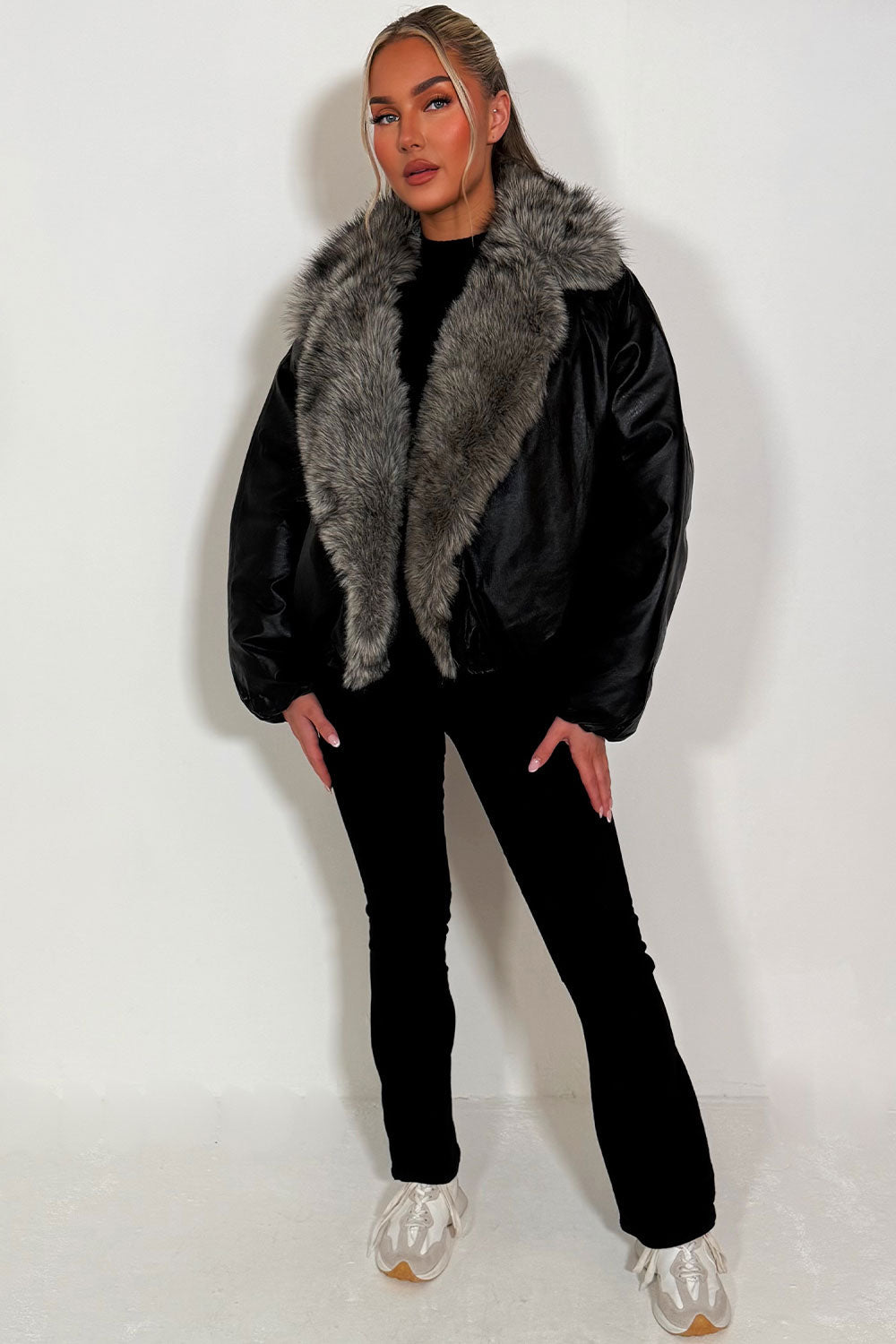 Black Bomber Jacket with Faux Fur Collar and Tri | Xtralitty