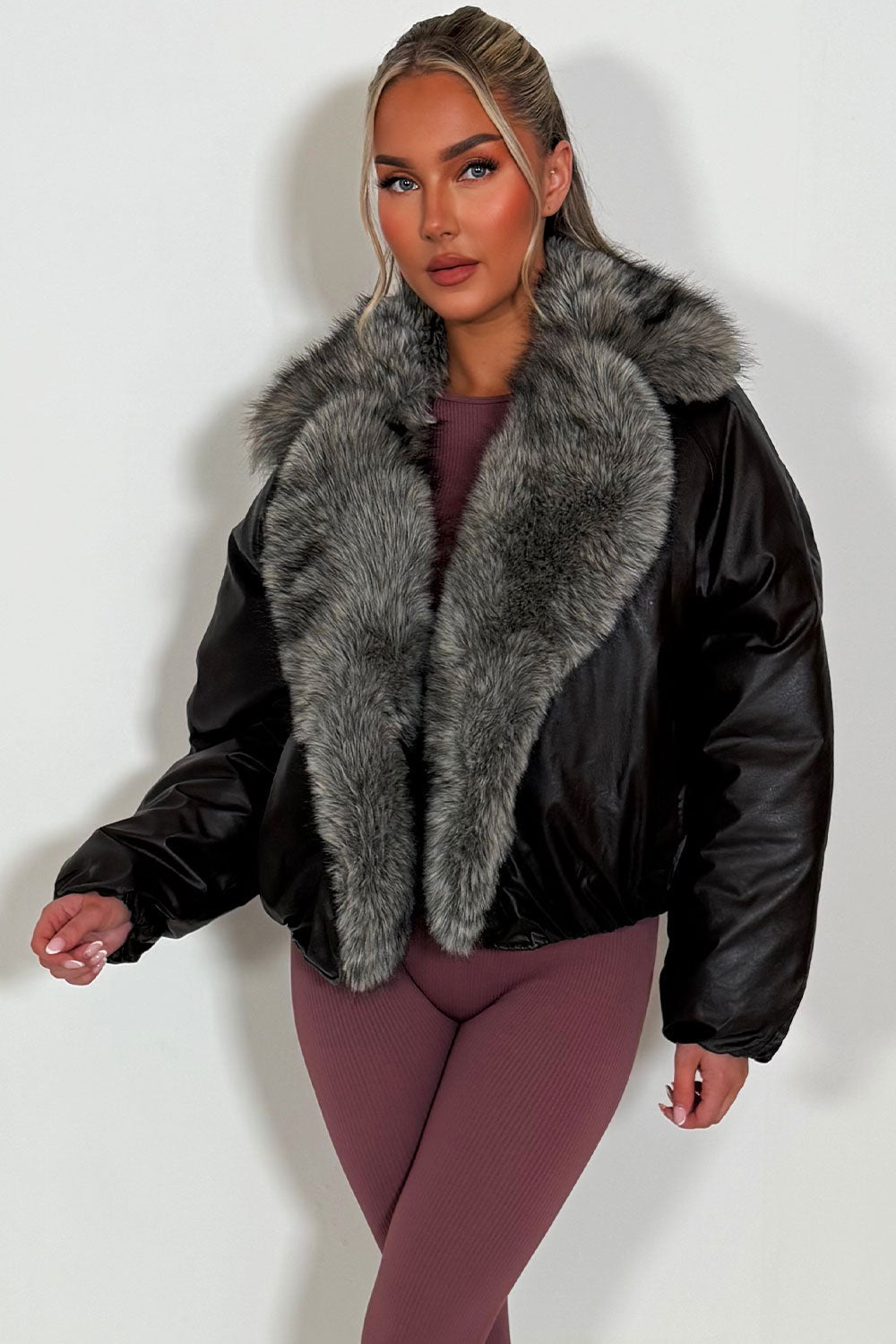 Brown Bomber Jacket with Faux Fur Collar and Tri | Xtralitty