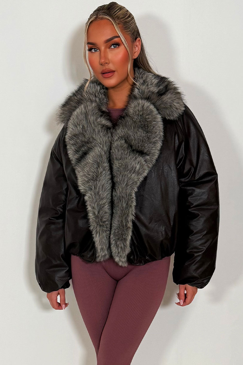 Brown Bomber Jacket with Faux Fur Collar and Tri | Xtralitty