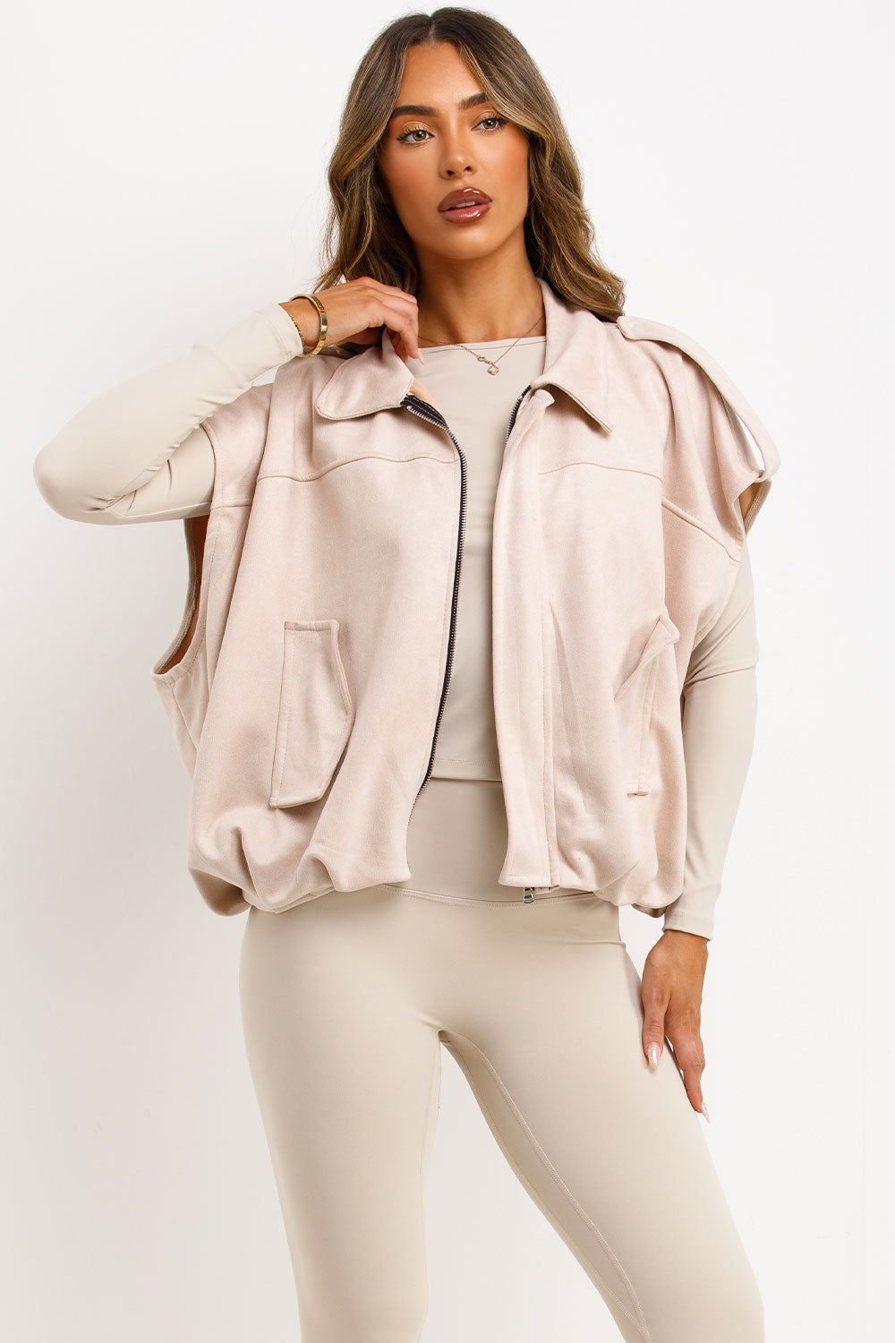 Faux Suede Crop Gilet with Tabs Beige | Xtralitty