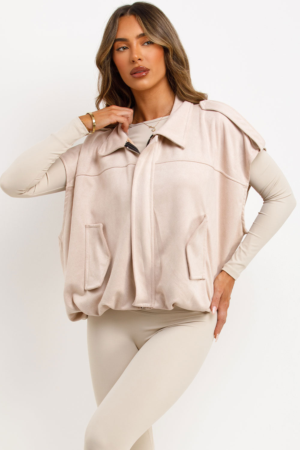 Faux Suede Crop Gilet with Tabs Beige | Xtralitty