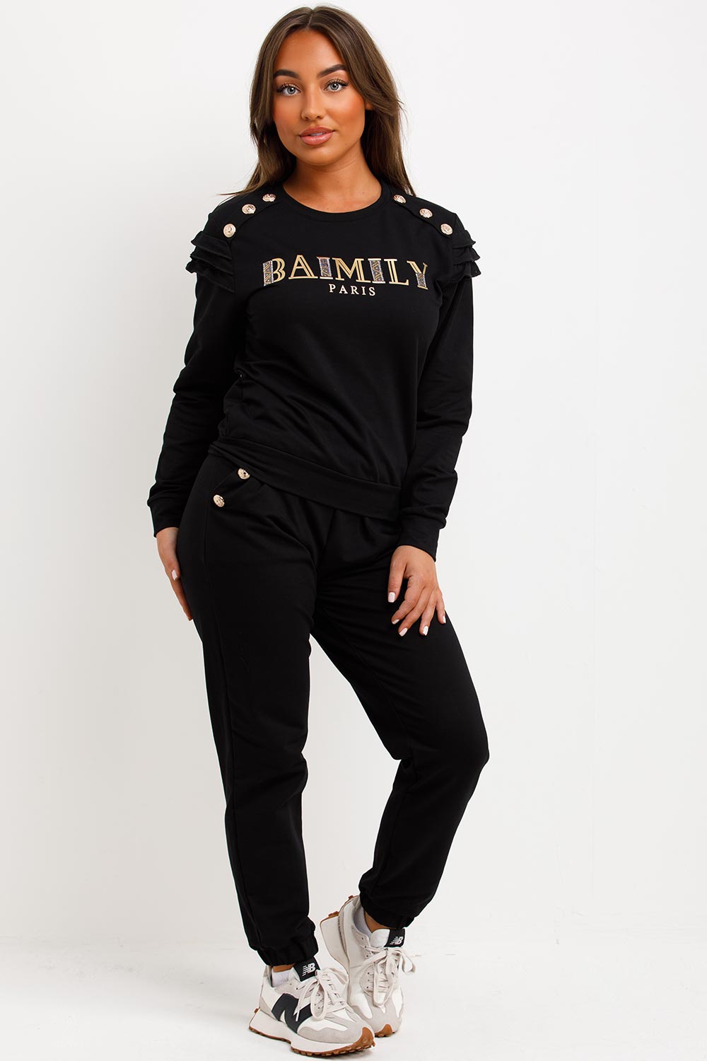 Gold Button Frill Shoulder Loungewear Set Black | Xtralitty