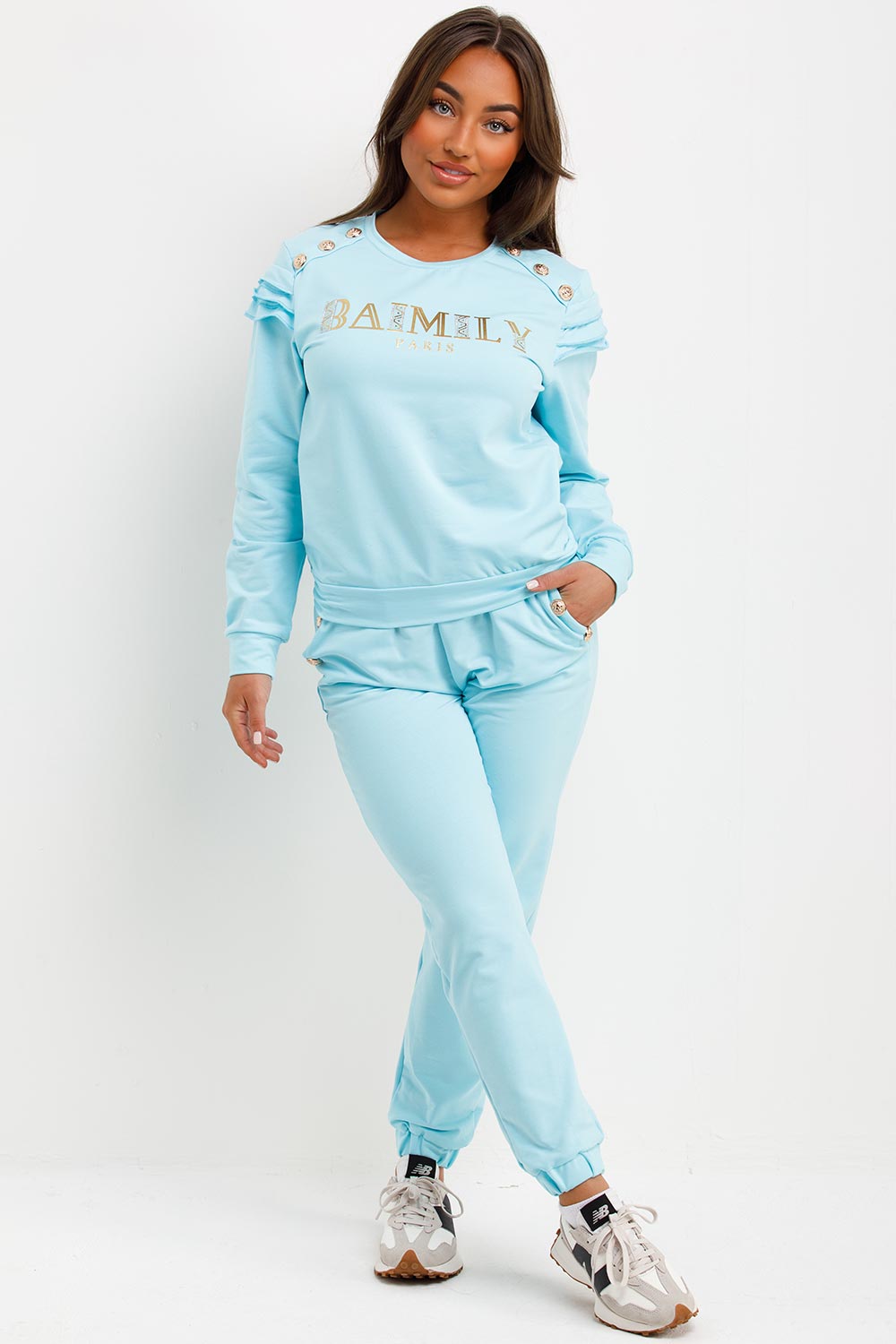 Gold Button Frill Shoulder Loungewear Set Turquo | Xtralitty