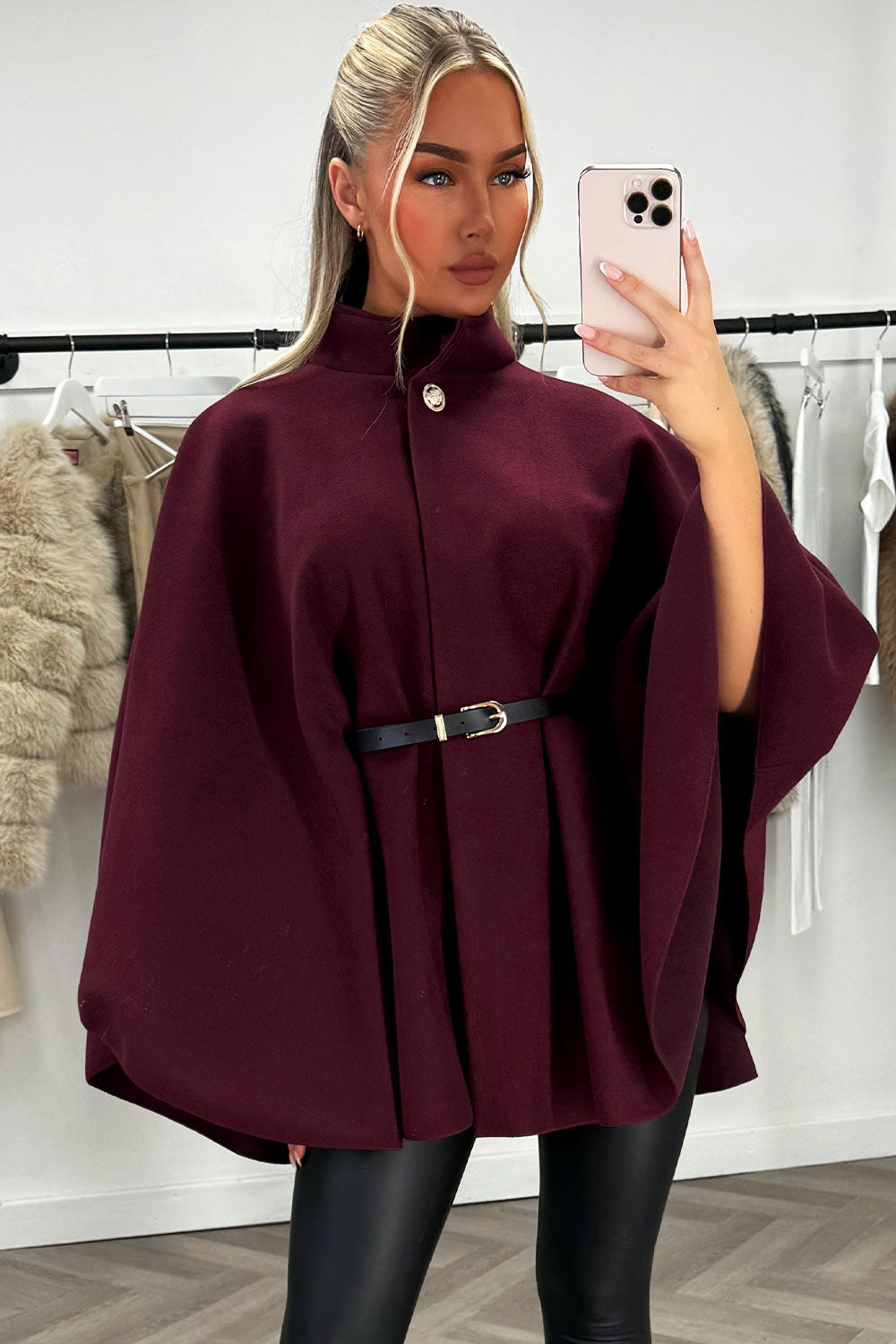 Cape with Belt and Button Burgundy Poncho | Xtralitty