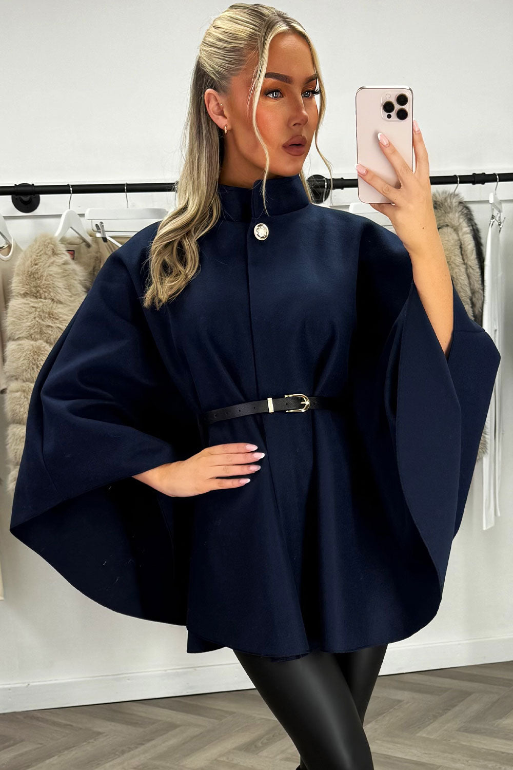 Cape with Belt and Button Navy Poncho | Xtralitty