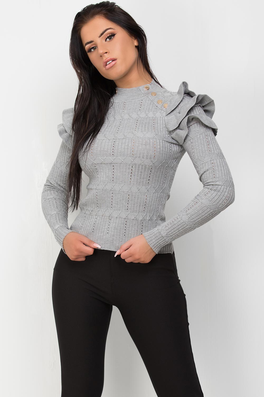 Gold Button Frill Shoulder Knitted Top Grey | Xtralitty