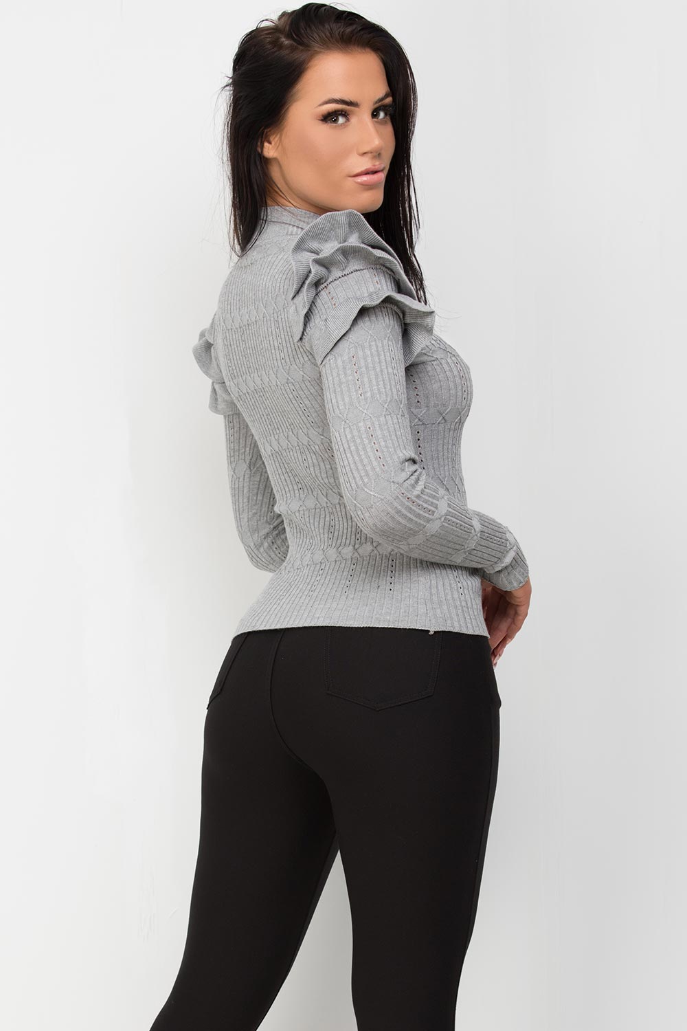 Gold Button Frill Shoulder Knitted Top Grey | Xtralitty