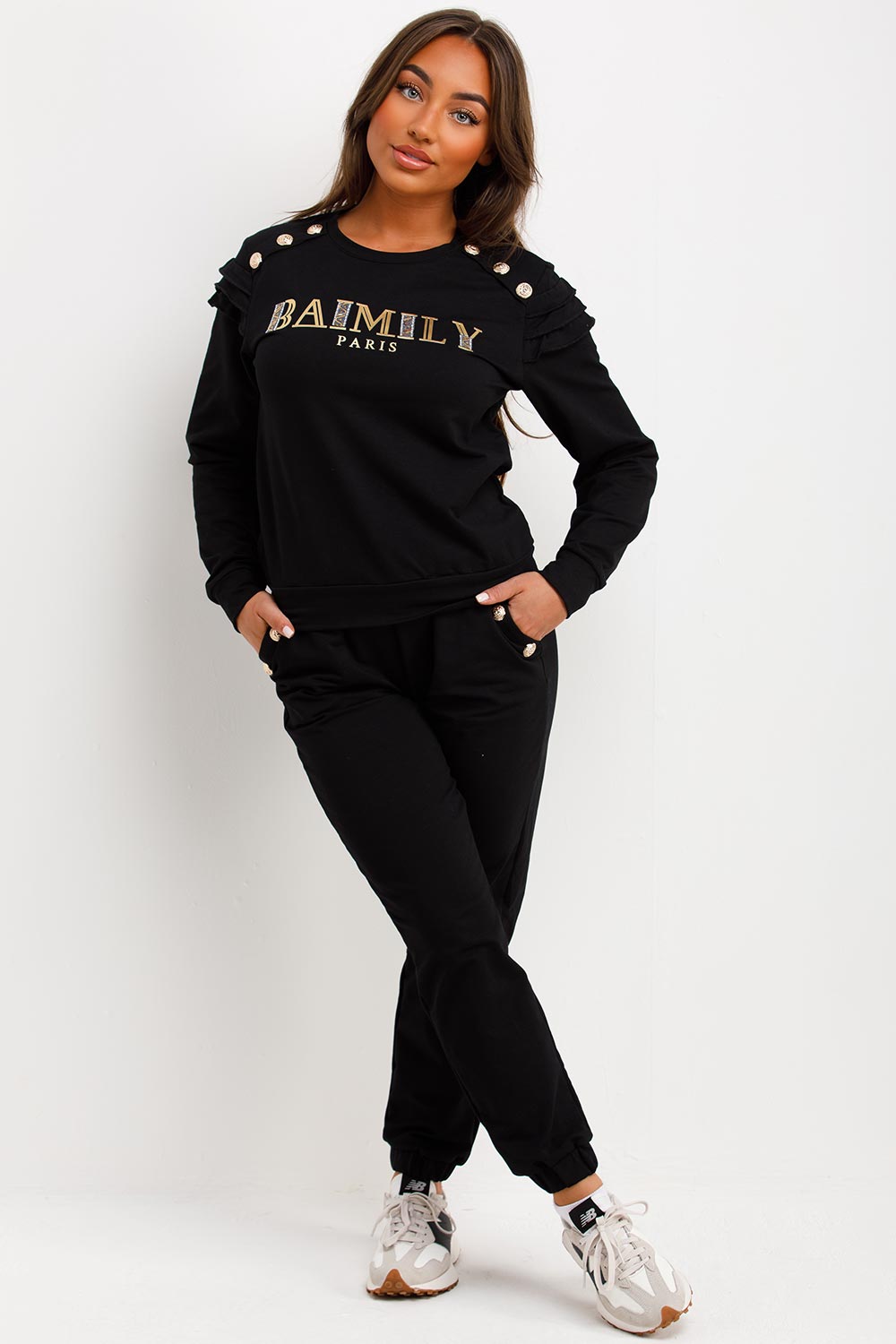 Gold Button Frill Shoulder Loungewear Set Black | Xtralitty