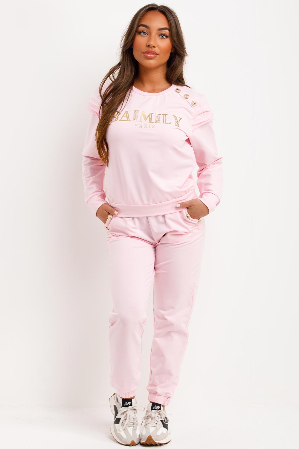 Gold Button Frill Shoulder Loungewear Set Pink | Xtralitty