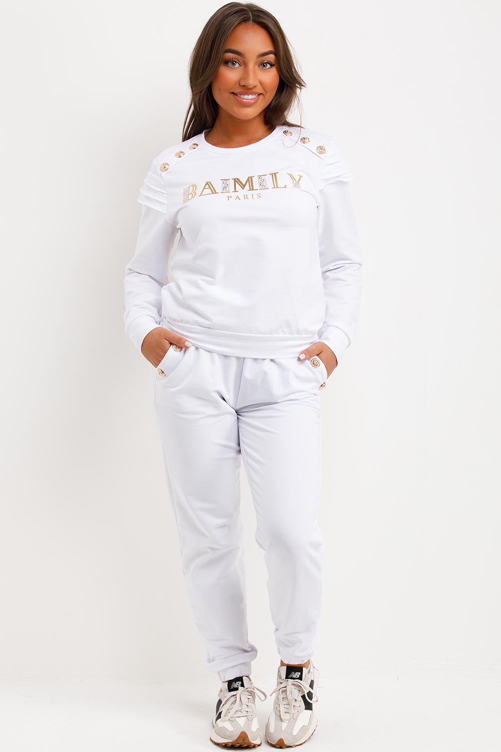 Gold Button Frill Shoulder Loungewear Set White | Xtralitty