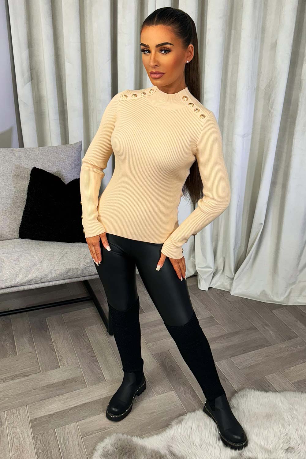 Beige Knitted Ribbed Jumper with Gold Buttons | Xtralitty