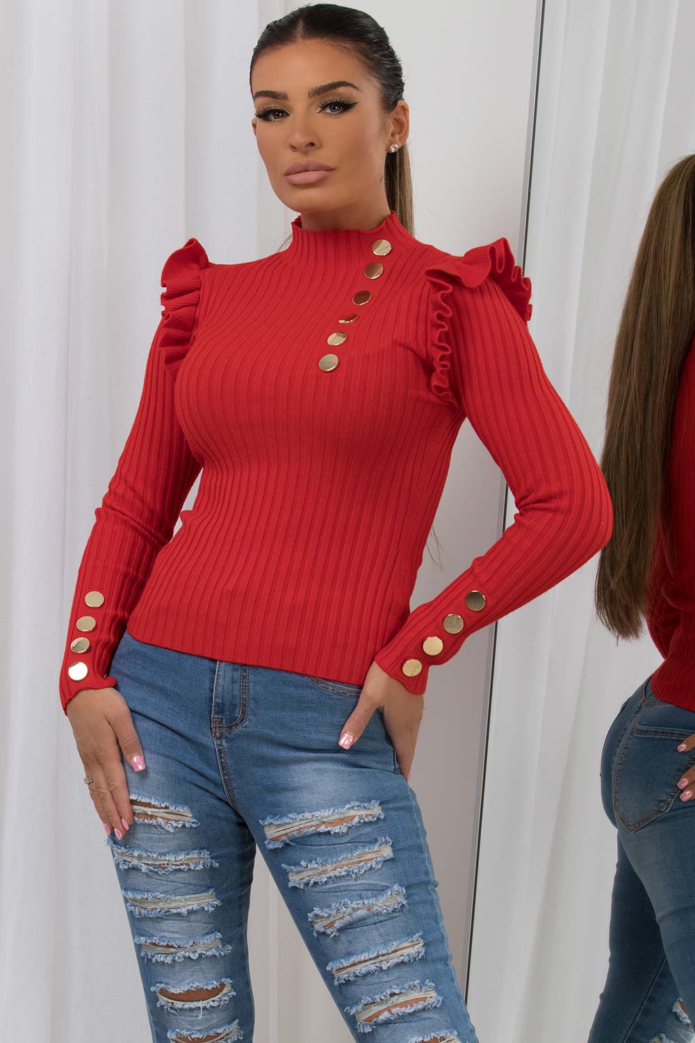 Knitted Jumper with Gold Button Frill Shoulder R | Xtralitty