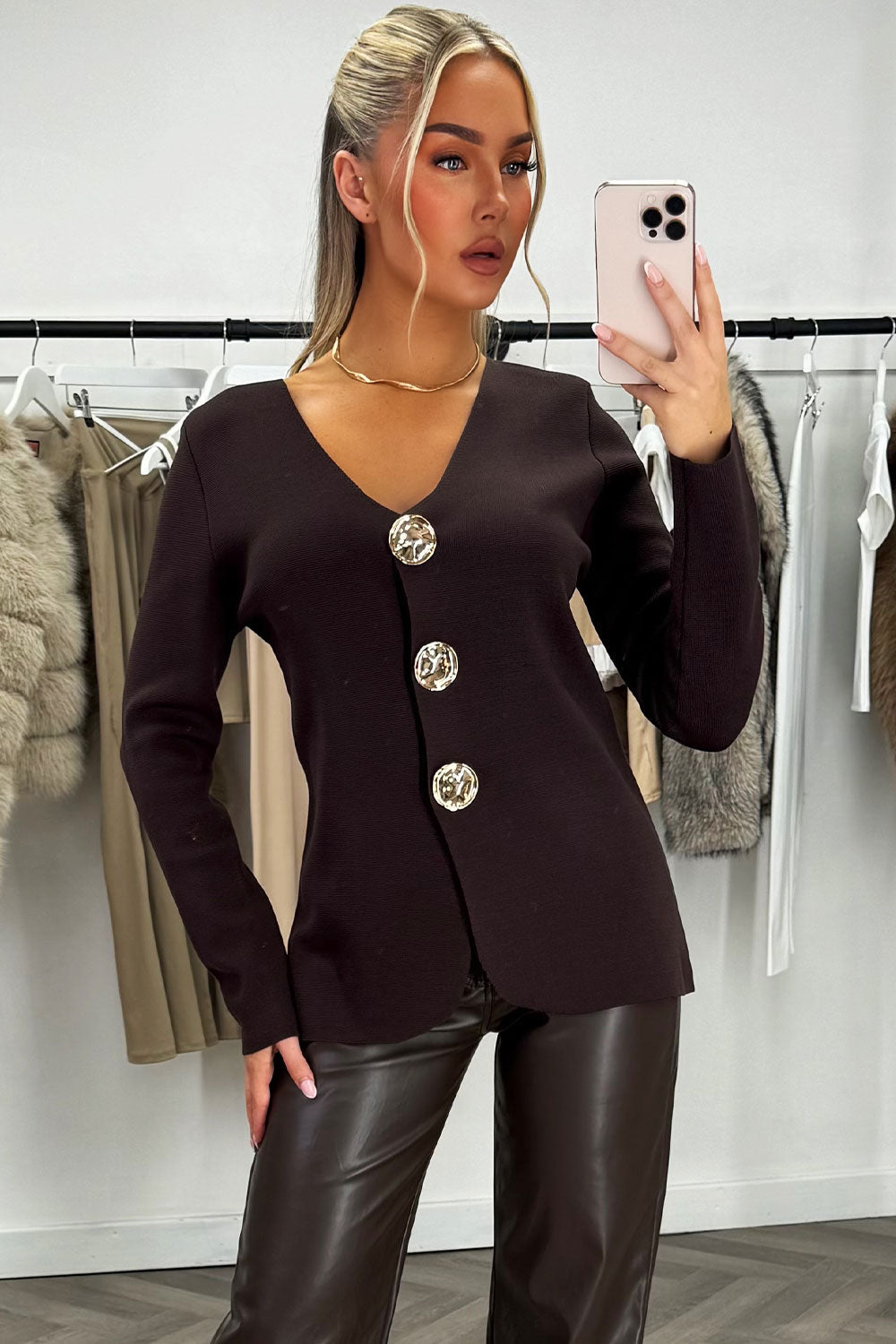 Gold Button Long Sleeve Knitted Jumper Brown | Xtralitty