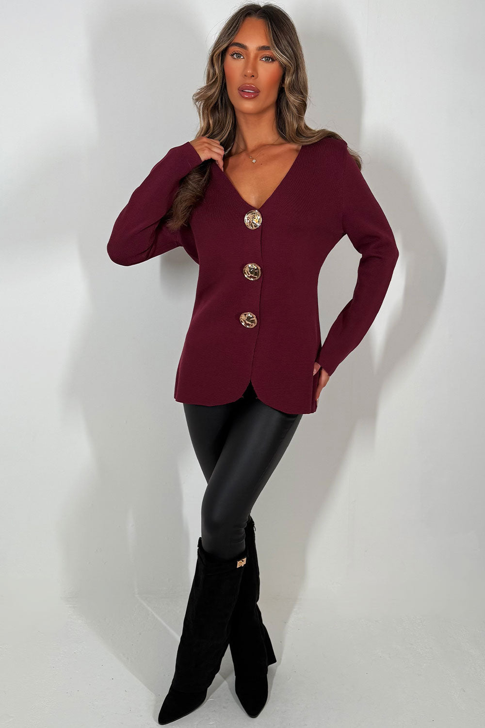 Gold Button Long Sleeve Knitted Jumper Burgundy | Xtralitty