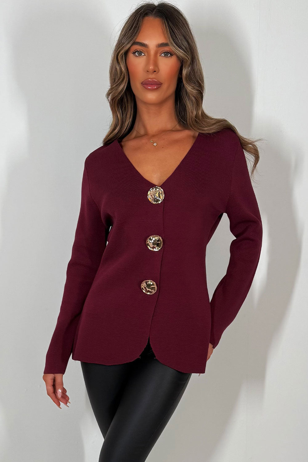 Gold Button Long Sleeve Knitted Jumper Burgundy | Xtralitty