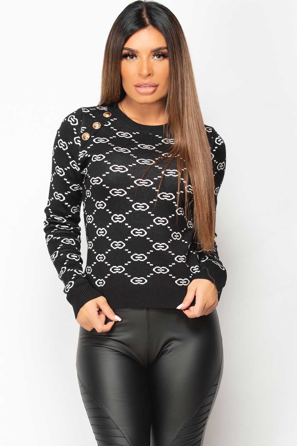 Gold Button Shoulder Knitted Jumper Black | Xtralitty