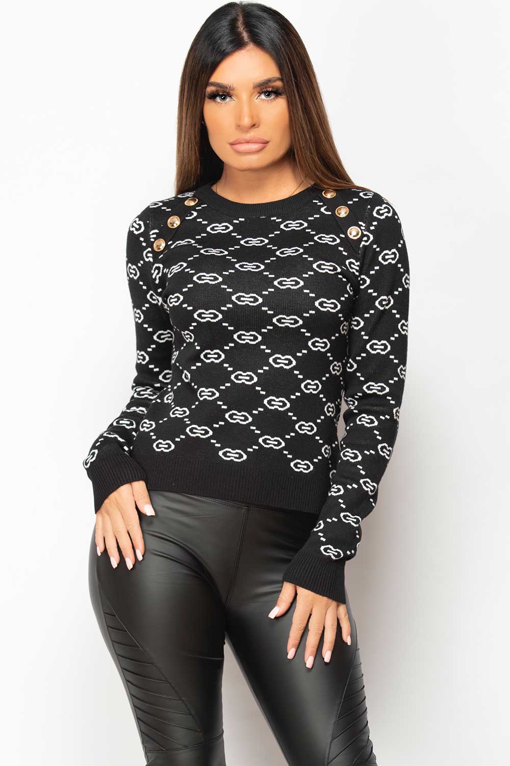 Gold Button Shoulder Knitted Jumper Black | Xtralitty