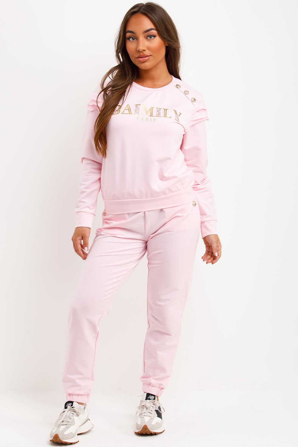 Gold Button Frill Shoulder Loungewear Set Pink | Xtralitty