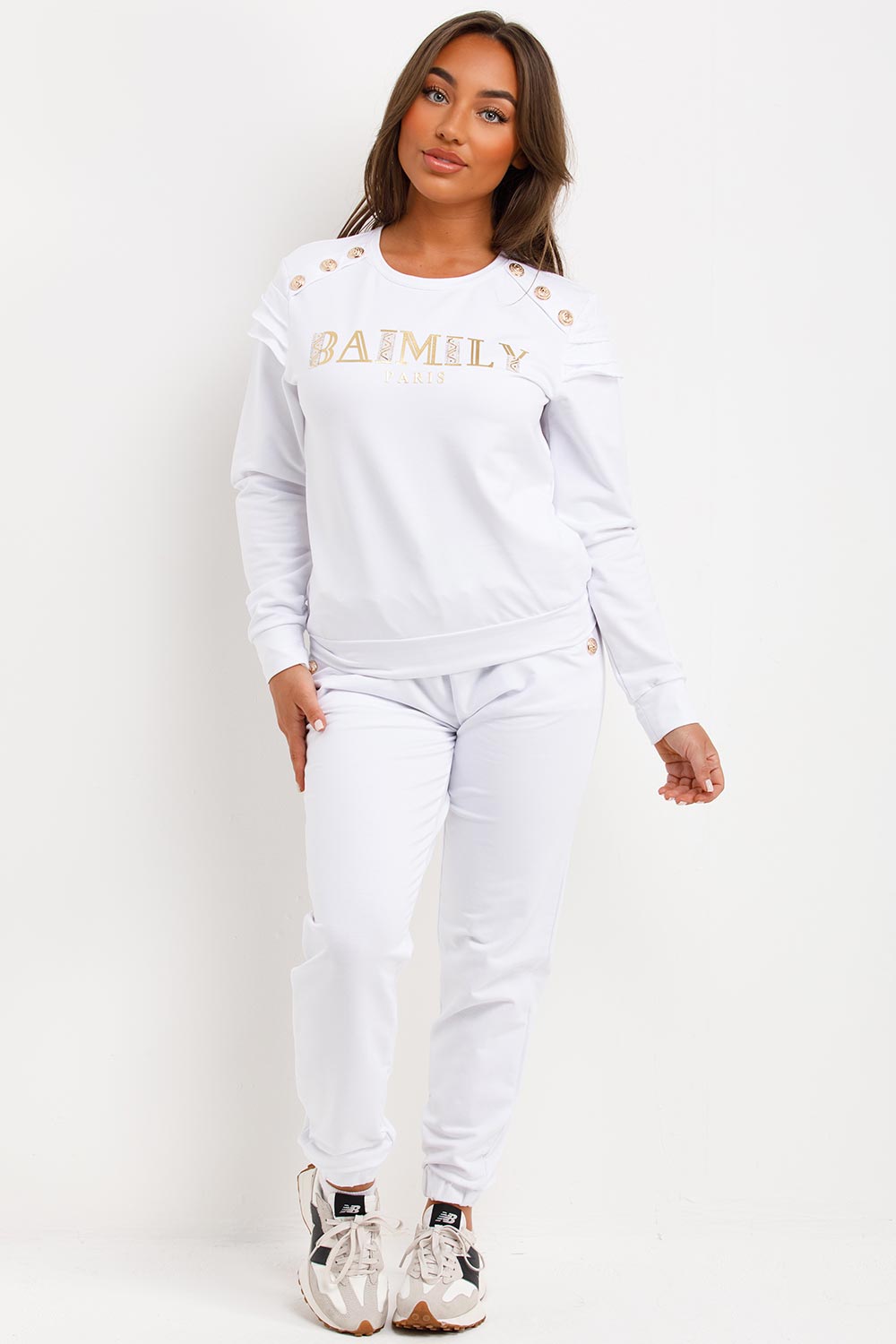 Gold Button Frill Shoulder Loungewear Set White | Xtralitty