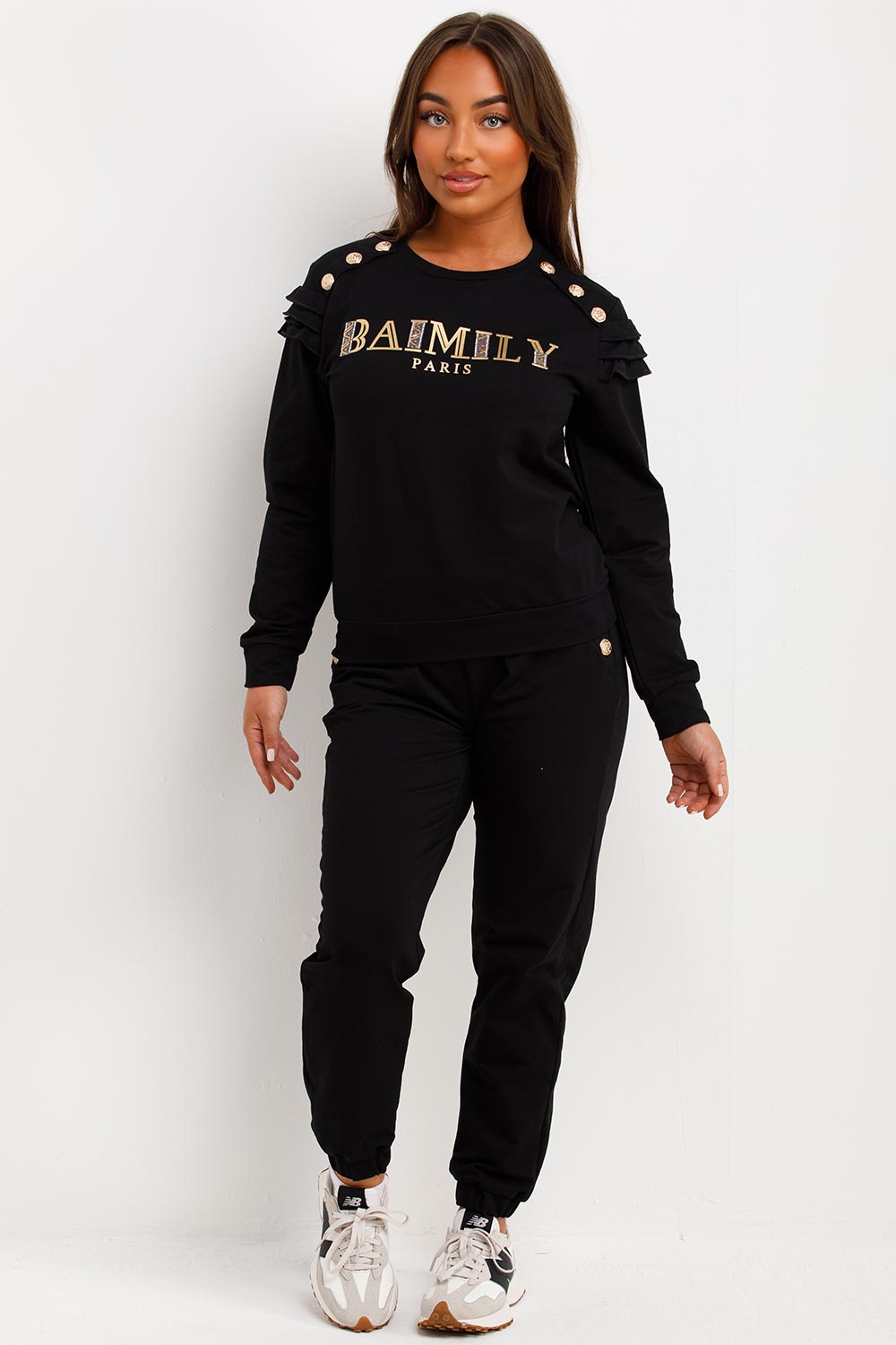 Gold Button Frill Shoulder Loungewear Set Black | Xtralitty