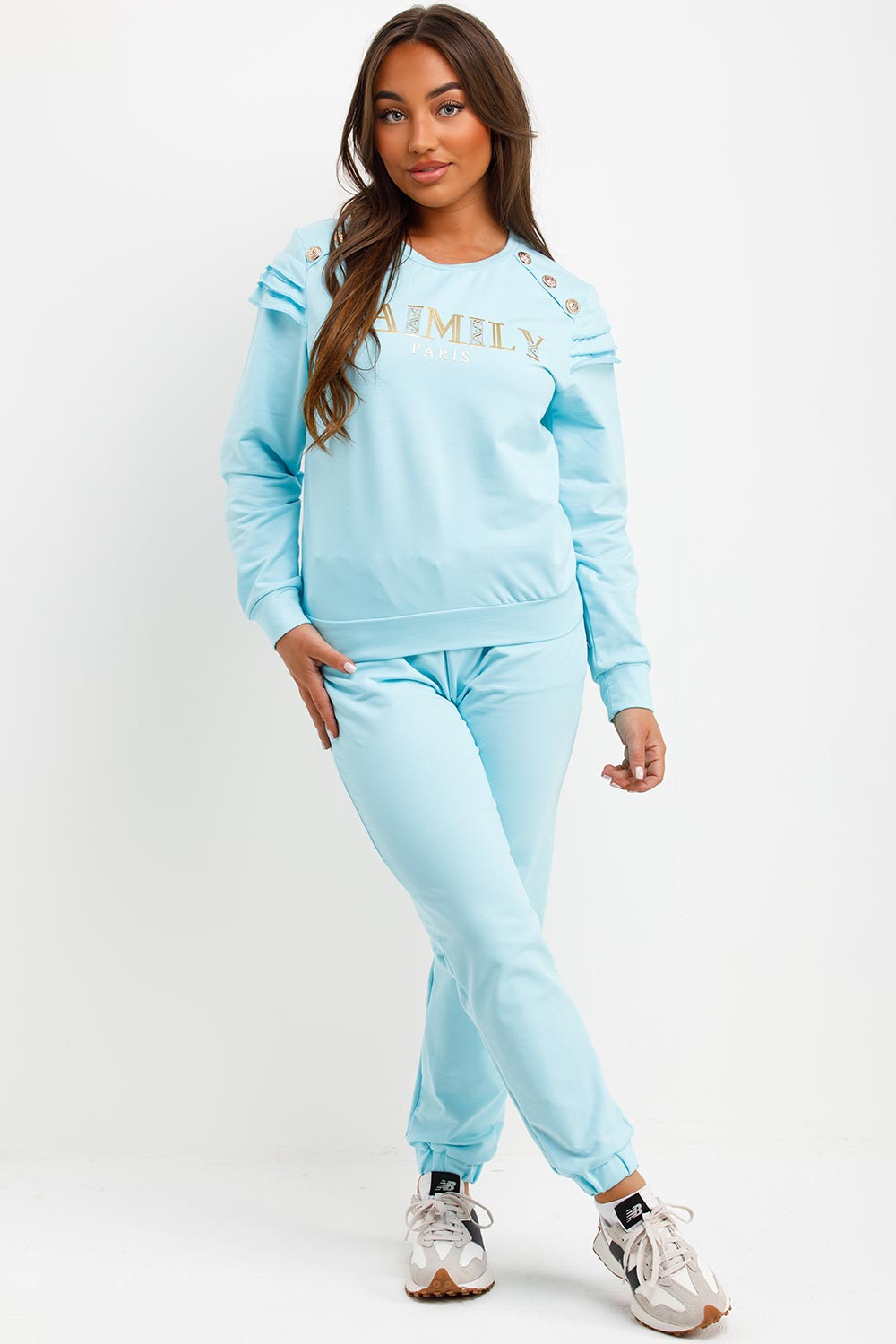 Gold Button Frill Shoulder Loungewear Set Turquo | Xtralitty