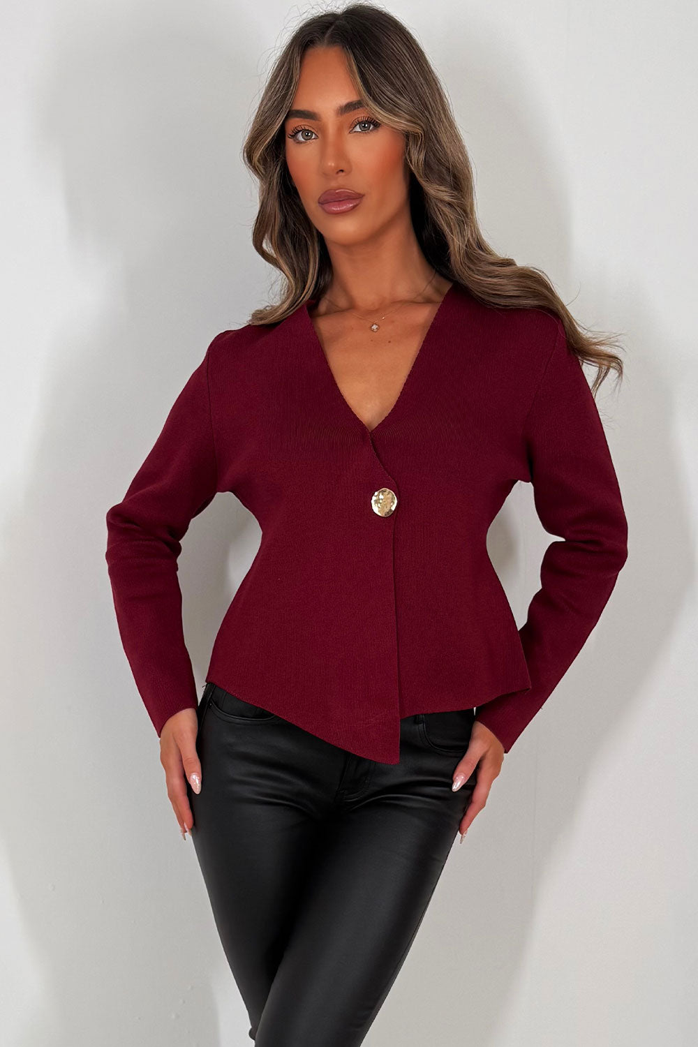Burgundy Long Sleeve Knitted Jumper with Gold Bu | Xtralitty